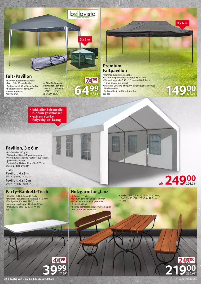 Aktueller Prospekt Selgros - Non Food - von 21.04 bis 27.04.2022 - strona 32 - produkty: Bank, elle, ente, Faltpavillon, garnitur, Holz, HP, lack, latte, pavillon, Ria, ring, teller, Ti, tisch, tischplatte