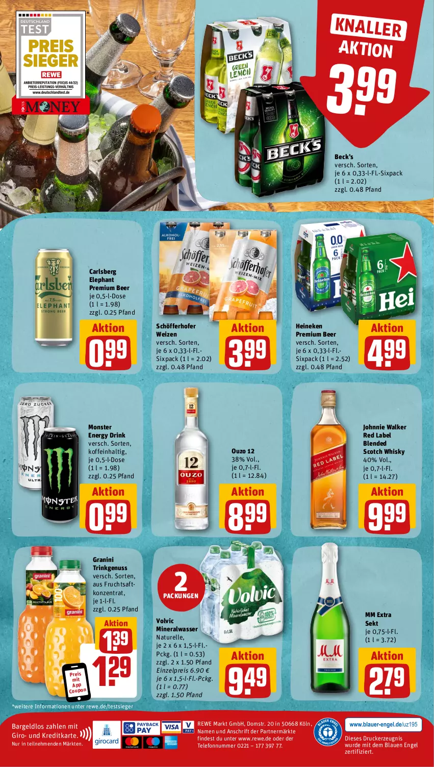 Aktueller Prospekt Rewe - Prospekte - von 19.06 bis 24.06.2023 - strona 12 - produkty: Alwa, blended scotch, blended scotch whisky, carlsberg, coupon, drink, drucker, eis, elle, energy drink, Engel, frucht, fruchtsaft, granini, heineken, johnnie walker, kerze, mineralwasser, mm extra, monster, Monster Energy, natur, nuss, ouzo, ouzo 12, reis, rel, saft, schöfferhofer, scotch, scotch whisky, sekt, telefon, Ti, volvic, wasser, whisky