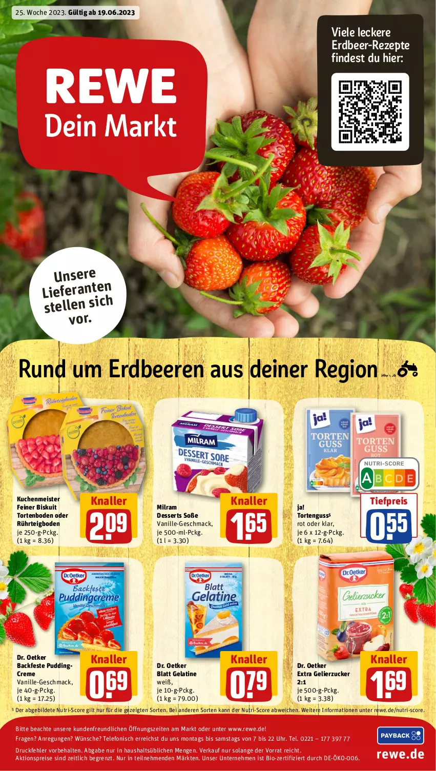 Aktueller Prospekt Rewe - Prospekte - von 19.06 bis 24.06.2023 - strona 13 - produkty: aktionspreis, beere, beeren, bio, creme, dessert, desserts, Dr. Oetker, eis, elle, erdbeere, erdbeeren, gelatine, gelierzucker, kuchen, kuchenmeister, mac, Meister, milram, pudding, reis, rezept, rezepte, Soße, telefon, Ti, tiefpreis, torte, tortenguss, uhr, vanille, zucker