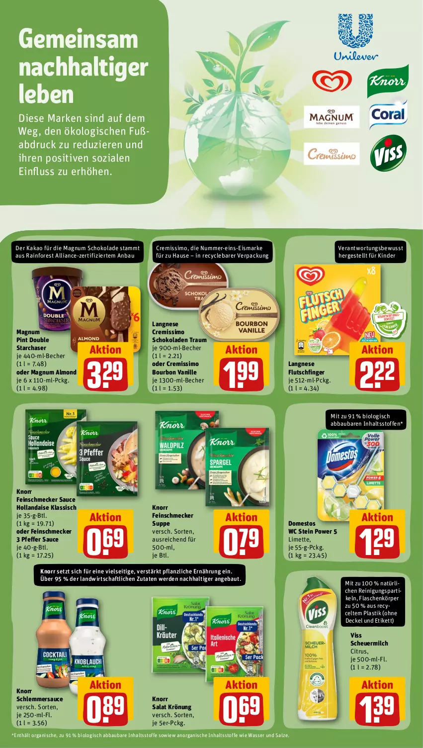 Aktueller Prospekt Rewe - Prospekte - von 19.06 bis 24.06.2023 - strona 8 - produkty: Abba, asti, Bau, Becher, bio, bourbon, bourbon vanille, citrus, cremissimo, decke, Deckel, domestos, eis, erde, feinschmecker, flasche, Heu, hollandaise, kakao, Kinder, knorr, langnese, langnese cremissimo, limette, magnum, Mett, milch, pfeffer, Reinigung, salat, salz, sauce, sauce hollandaise, scheuermilch, schlemmersauce, schoko, schokolade, schokoladen, sim, suppe, Ti, vanille, wasser