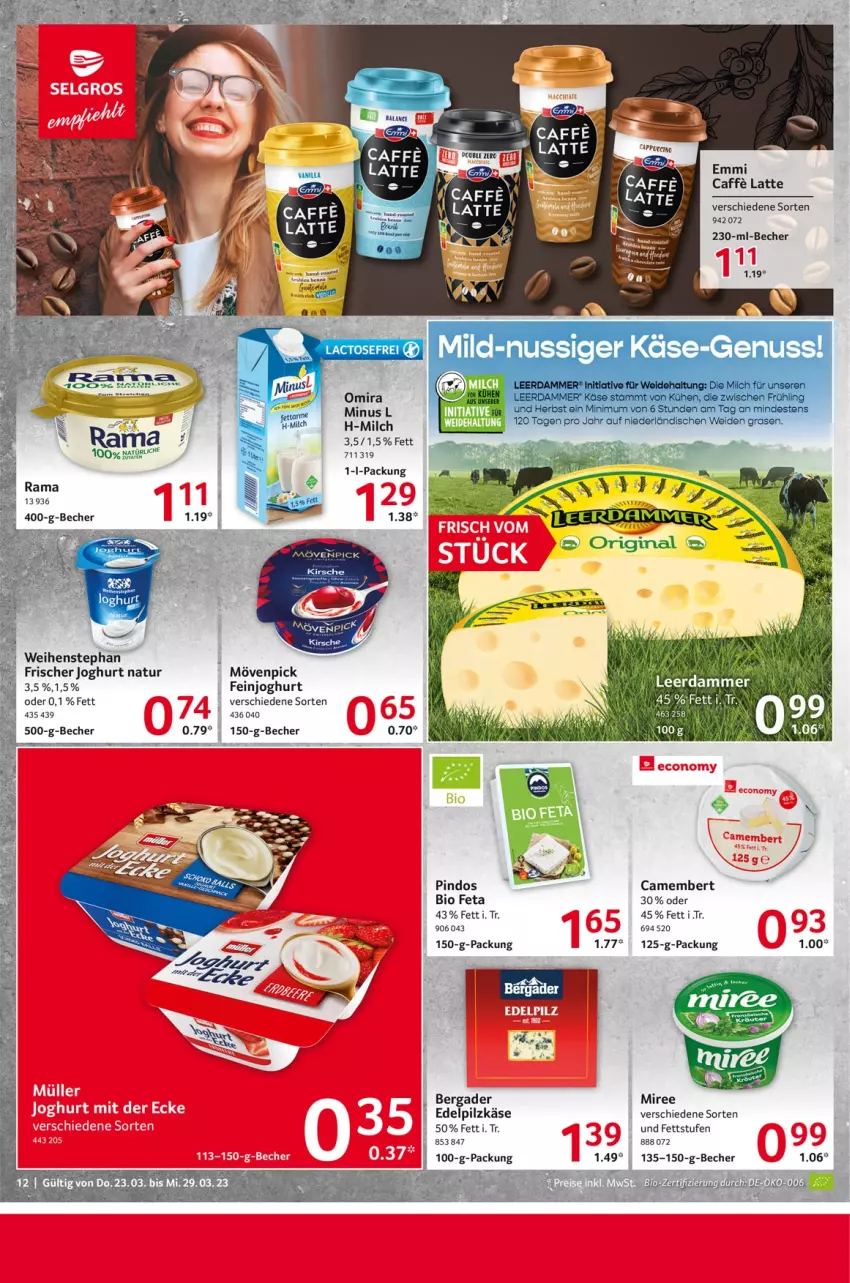 Aktueller Prospekt Selgros - Food - von 23.03 bis 29.03.2023 - strona 12 - produkty: Becher, bergader, bio, buch, caffe, camembert, emmi, feinjoghurt, feta, joghur, joghurt, Käse, kirsch, kirsche, latte, milch, miree, mövenpick, natur, nuss, Ti, weihenstephan