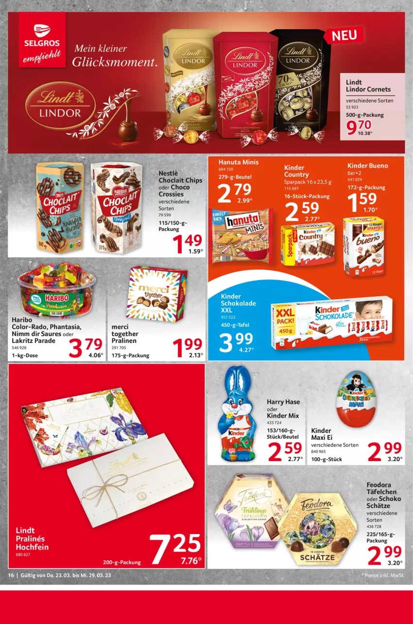 Aktueller Prospekt Selgros - Food - von 23.03 bis 29.03.2023 - strona 16 - produkty: beutel, crossies, Kinder, Lakritz, lindor, lindt, pralinen, schoko, schokolade, Ti