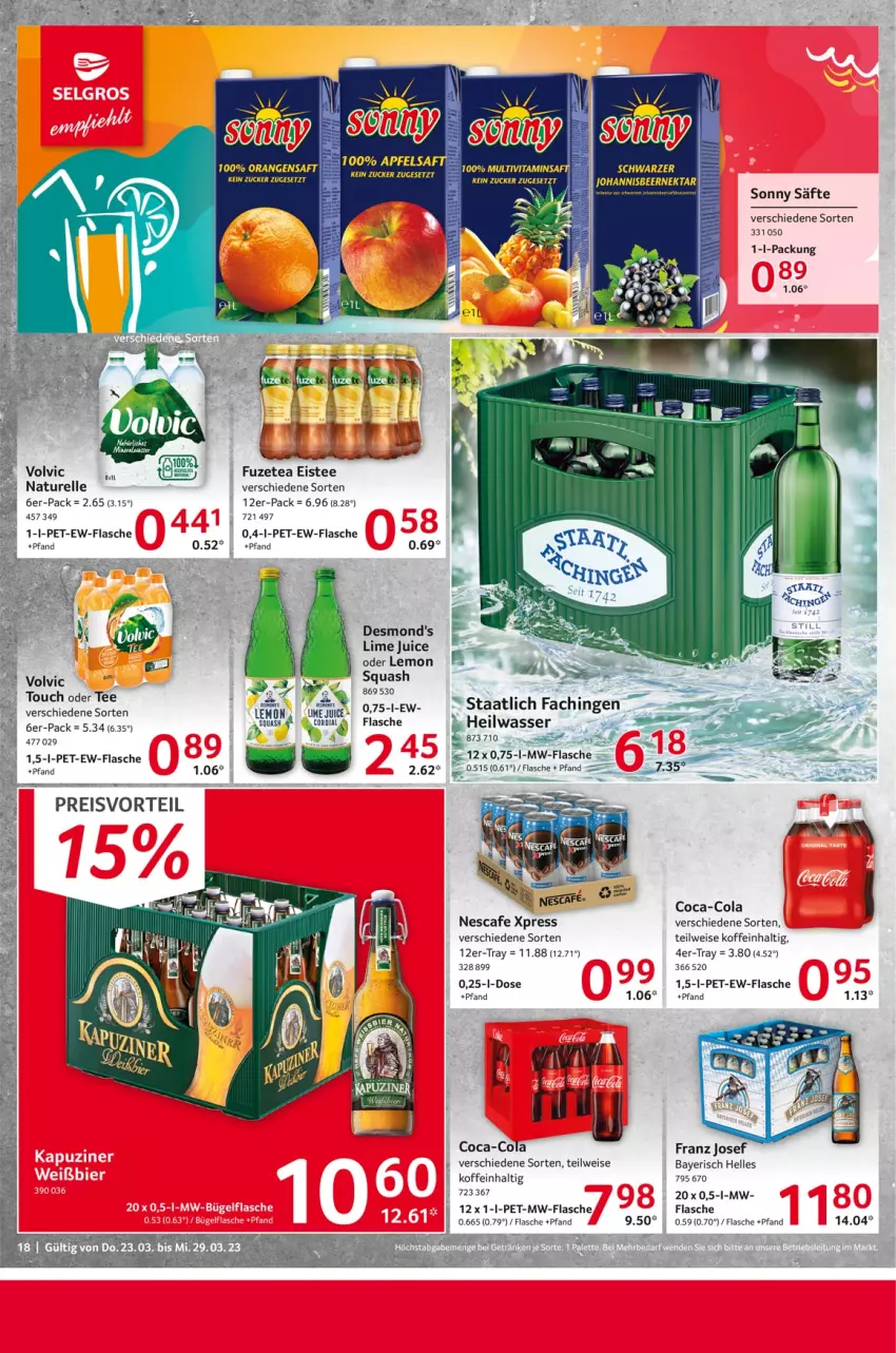 Aktueller Prospekt Selgros - Food - von 23.03 bis 29.03.2023 - strona 18 - produkty: coca-cola, cola, eis, eistee, elle, flasche, fuzetea, Multivitaminsaft, mw-flasche, natur, nescafe, preisvorteil, reis, rel, saft, säfte, tee, Ti, vita, volvic, zucker