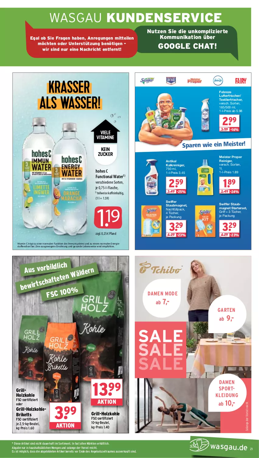 Aktueller Prospekt Wasgau - von 10.06 bis 15.06.2024 - strona 21 - produkty: angebot, auer, beutel, briketts, eis, febreze, flasche, Garten, grill, grill-holzkohle, grillholzkohle, Hohes C, Holz, holzkohle, Kalkreiniger, kleid, Kleidung, lufterfrischer, Meister, meister proper, Mode, reiniger, reis, Sport, staubmagnet, swiffer, Textilerfrischer, Ti, tücher, vita, Vitamin C, Vitamine, zucker