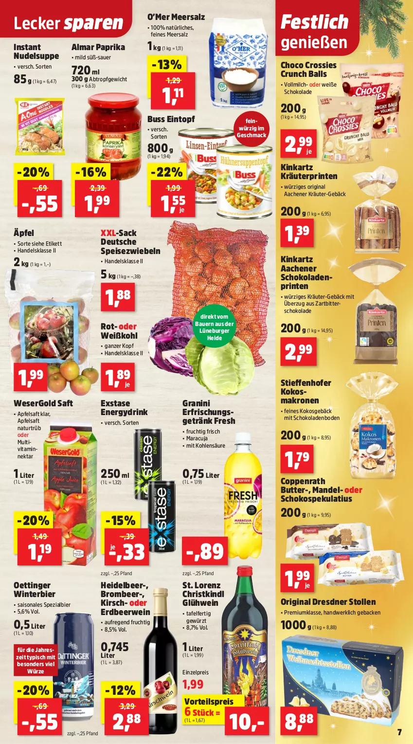 Aktueller Prospekt Thomas Philipps - von 20.10 bis 25.10.2025 - strona 13 - produkty: apfel, apfelsaft, auer, ball, Bau, Bauer, bier, burger, butter, choco crossies, coppenrath, crossies, Dresdner Stollen, drink, eintopf, eis, erfrischungsgetränk, frucht, geback, getränk, gewürz, gin, Glühwein, granini, kirsch, kokos, kräuter, krone, lorenz, mac, mandel, maracuja, meersalz, milch, natur, Nektar, nudel, oettinger, paprika, reis, rwe, sac, saft, salz, schoko, schokolade, schokoladen, Speisezwiebeln, Spezi, Stollen, suppe, Ti, topf, vita, vollmilch, vorteilspreis, wein, Weiße Schokolade, Weißkohl, Zartbitterschokolade, zwiebel, zwiebeln