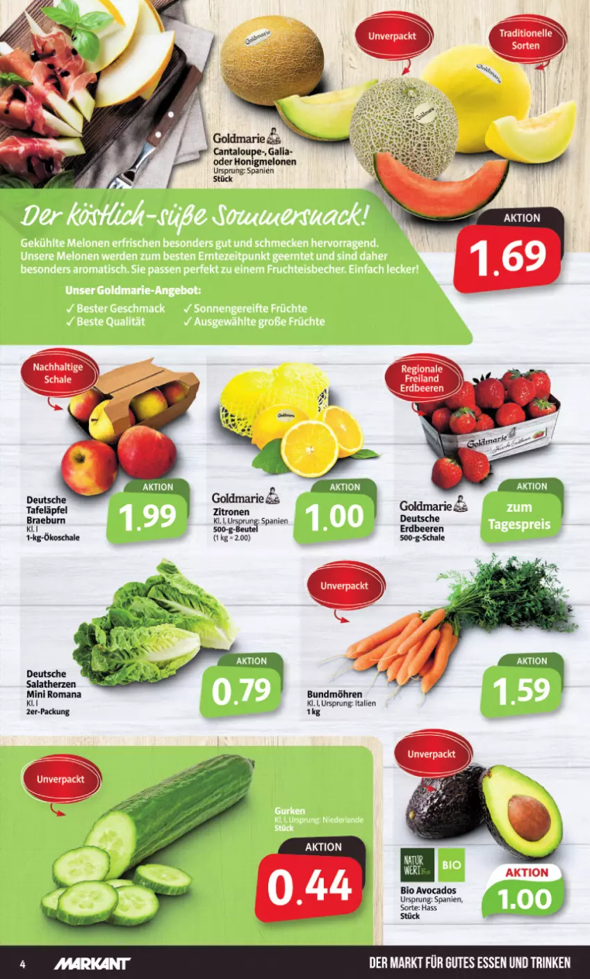 Aktueller Prospekt Markant - Prospekte - von 19.06 bis 24.06.2023 - strona 4 - produkty: avocado, avocados, beutel, bio, Bundmöhren, goldmarie, gutes essen, honig, honigmelone, honigmelonen, melone, melonen, möhren, natur, salat, salatherzen, Ti, zitrone, zitronen