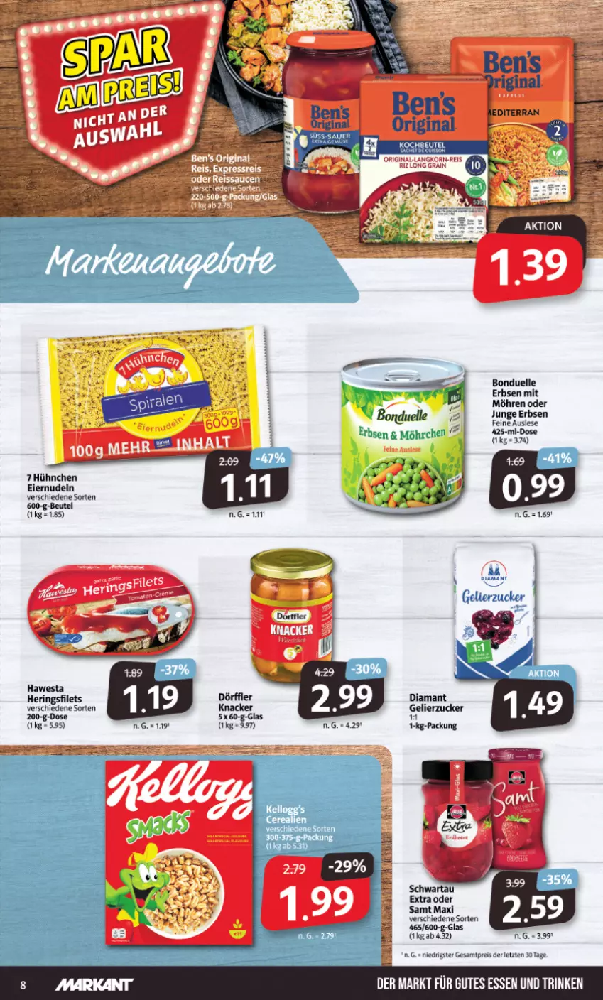 Aktueller Prospekt Markant - Prospekte - von 19.06 bis 24.06.2023 - strona 8 - produkty: beutel, bonduelle, eier, eiernudeln, eis, elle, erbsen, filet, filets, hering, Herings, heringsfilets, junge erbsen, möhren, nudel, nudeln, reis, ring, ZTE