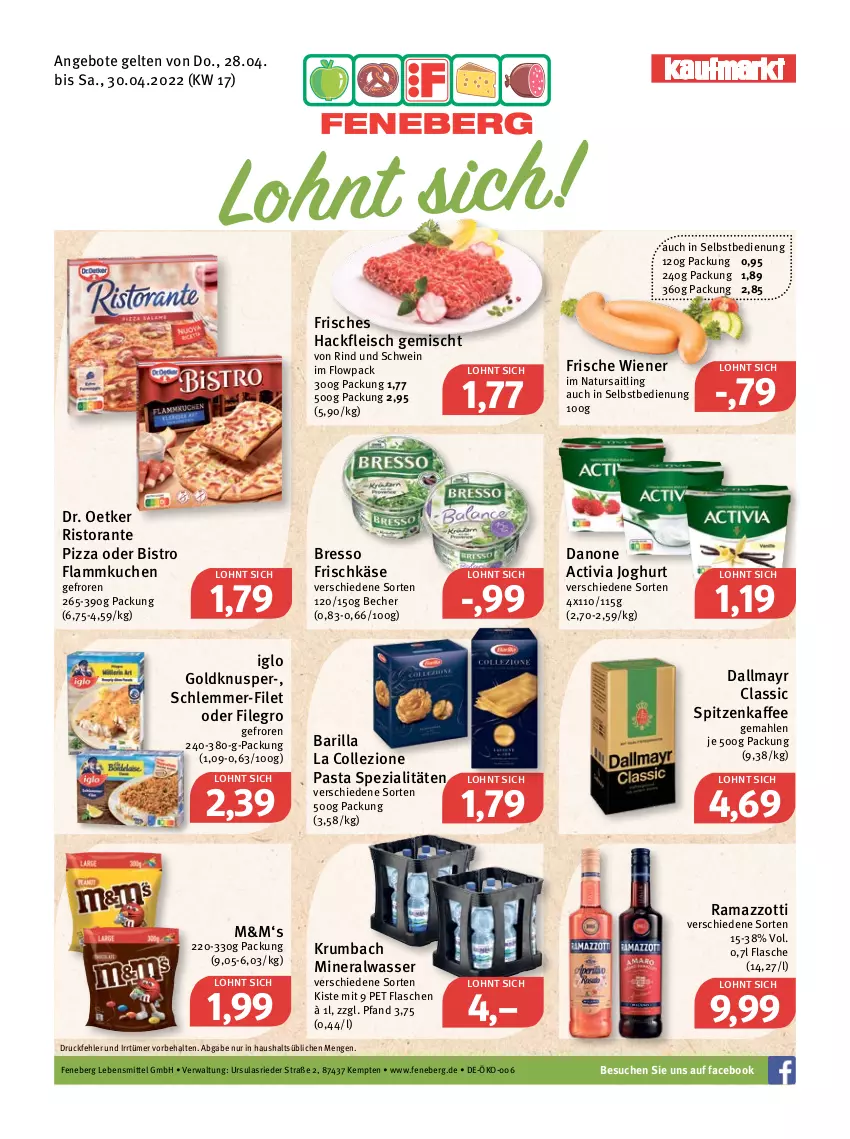 Aktueller Prospekt Feneberg - Prospekte - von 28.04 bis 30.04.2022 - strona 1 - produkty: activia, activia joghurt, Alwa, angebot, angebote, barilla, Becher, bresso, dallmayr, danone, danone activia, Dr. Oetker, eis, filegro, filet, flammkuchen, flasche, fleisch, frischkäse, hackfleisch, hackfleisch gemischt, iglo, joghur, joghurt, kaffee, Käse, krumbach, kuchen, lamm, lebensmittel, mineralwasser, natur, pasta, pizza, rama, ramazzott, ramazzotti, rind, ristorante, ristorante pizza, rum, schlemmer-filet, schwein, Spezi, Ti, wasser, wein, wiener, zott