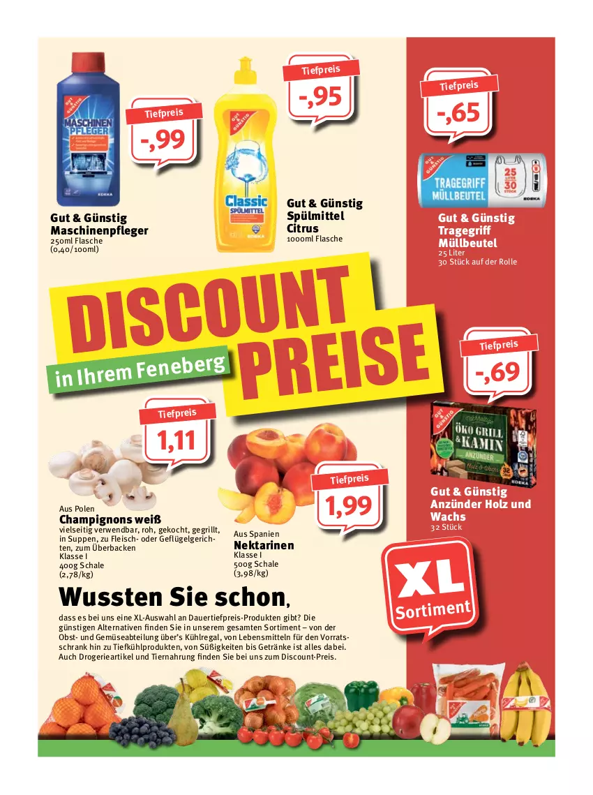 Aktueller Prospekt Feneberg - Prospekte - von 28.04 bis 30.04.2022 - strona 11 - produkty: Abtei, anzünder, auer, beutel, champignon, champignons, citrus, dauertiefpreis, discount, eis, flasche, fleisch, Geflügel, getränk, getränke, grill, Holz, kühlregal, lebensmittel, LG, Maschinenpfleger, müllbeutel, Nektar, nektarinen, obst, regal, reis, rwe, Schal, Schale, Schrank, spülmittel, suppe, suppen, Ti, tiefpreis, tiernahrung, tragegriff, und gemüse, vorratsschrank