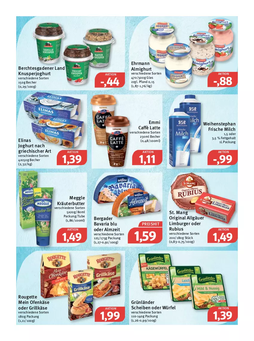 Aktueller Prospekt Feneberg - Prospekte - von 28.04 bis 30.04.2022 - strona 7 - produkty: almighur, almighurt, bavaria blu, Becher, bergader, burger, butter, caffè latte, ehrmann, ehrmann almighurt, eis, elinas, elinas joghurt, emmi, frische milch, gin, grill, Grillkäse, grünländer, joghur, joghurt, joghurt nach, Käse, kräuter, kräuterbutter, latte, LG, Limburger, meggle, milch, Ofen, Ofenkäse, reis, Ria, rouge, rougette, Rubius, St. Mang, Ti, weihenstephan, würfel