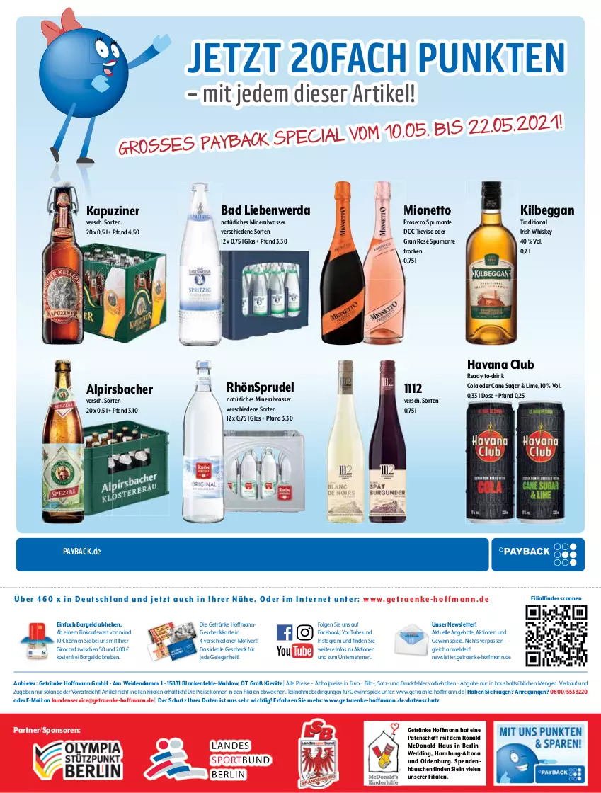 Aktueller Prospekt Getraenke Hoffmann - Prospekte - von 10.05 bis 22.05.2021 - strona 12 - produkty: abholpreise, Alpirsbacher, Alwa, angebot, angebote, Bad, Bad Liebenwerda, cola, drink, ecco, eis, elle, getränk, getränke, gewinnspiel, Havana Club, irish whiskey, kilbeggan, LG, mineralwasser, mionetto, natürliches mineralwasser, payback, prosecco, puma, reis, RhönSprudel, Spiele, Sprudel, spumante, Ti, wasser, whiskey, Yo