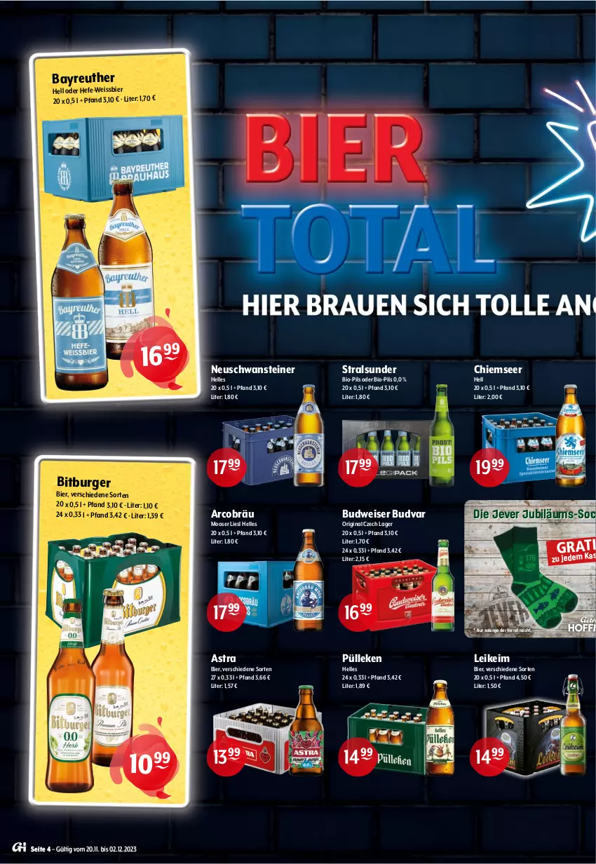 Aktueller Prospekt Getraenke Hoffmann - Prospekte - von 20.11 bis 02.12.2023 - strona 4 - produkty: Astra, bier, bio, bitburger, budweiser, burger, eis, elle, gin, Hefe, jever, Jubiläums, krombache, krombacher, mais, malz, Maxl Helles, mönchshof, oder radler, pils, pilsener, radler, socken, Sport, steiner, Stiegl, Ti, vita, vitamalz, weihenstephan, weissbier