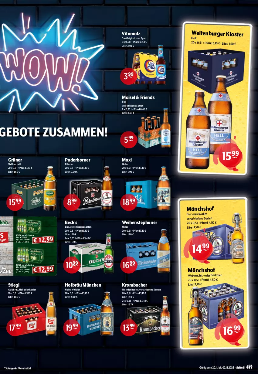 Aktueller Prospekt Getraenke Hoffmann - Prospekte - von 20.11 bis 02.12.2023 - strona 5 - produkty: Astra, bier, bio, bitburger, budweiser, burger, eis, elle, gin, Hefe, jever, Jubiläums, krombache, krombacher, mais, malz, Maxl Helles, mönchshof, oder radler, pils, pilsener, radler, socken, Sport, steiner, Stiegl, Ti, vita, vitamalz, weihenstephan, weissbier