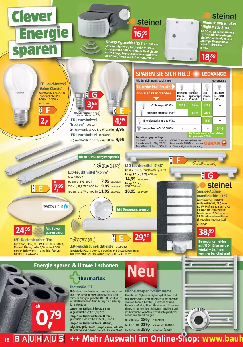 Aktueller Prospekt Bauhaus - Prospekte - von 01.10 bis 29.10.2022 - strona 18 - produkty: arla, auer, auto, Bad, Badheizkörper, Bau, beleuchtung, Bewegungssensor, decke, deckenleuchte, Draht, eis, elle, gsw, Lampe, led-deckenleuchte, leds, Leuchte, leuchtmittel, LG, Osram, rwe, Schal, schlauch, senf, steckdose, thermostat, Ti, timer, tisch, wasser