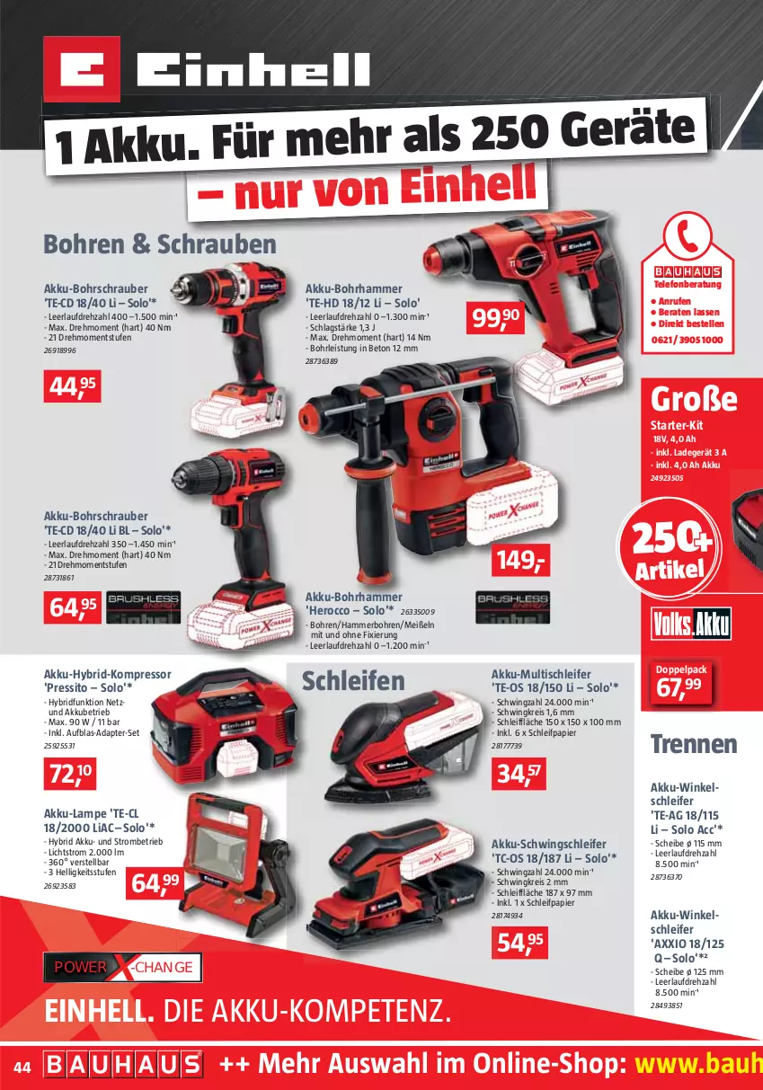 Aktueller Prospekt Bauhaus - Prospekte - von 01.10 bis 29.10.2022 - strona 44 - produkty: ACC, adapter, akku, Akku-Bohrhammer, akku-bohrschrauber, Akku-Winkelschleifer, Bau, Bohrhammer, Bohrschrauber, einhell, eis, elle, hero, kompressor, ladegerät, Lampe, papier, reis, Schleifpapier, schrauben, telefon, Ti, tisch, Winkelschleifer