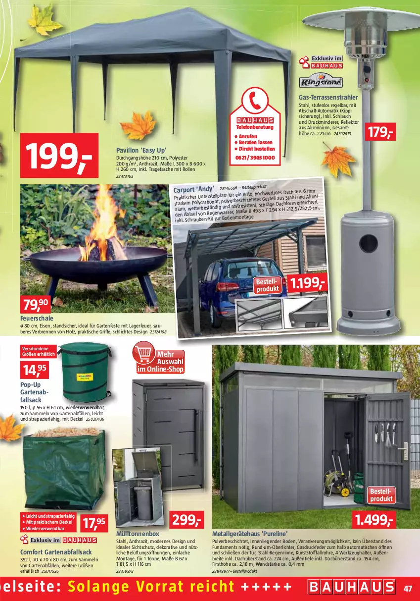 Aktueller Prospekt Bauhaus - Prospekte - von 01.10 bis 29.10.2022 - strona 47 - produkty: auto, Bona, Brei, Carport, decke, Deckel, eis, elle, feuerschale, Garten, Holz, LG, Liege, Mode, pavillon, rel, rwe, sac, Schal, Schale, schlauch, schrauben, Tasche, telefon, Ti, tisch, tragetasche, werkzeug, Werkzeughalter