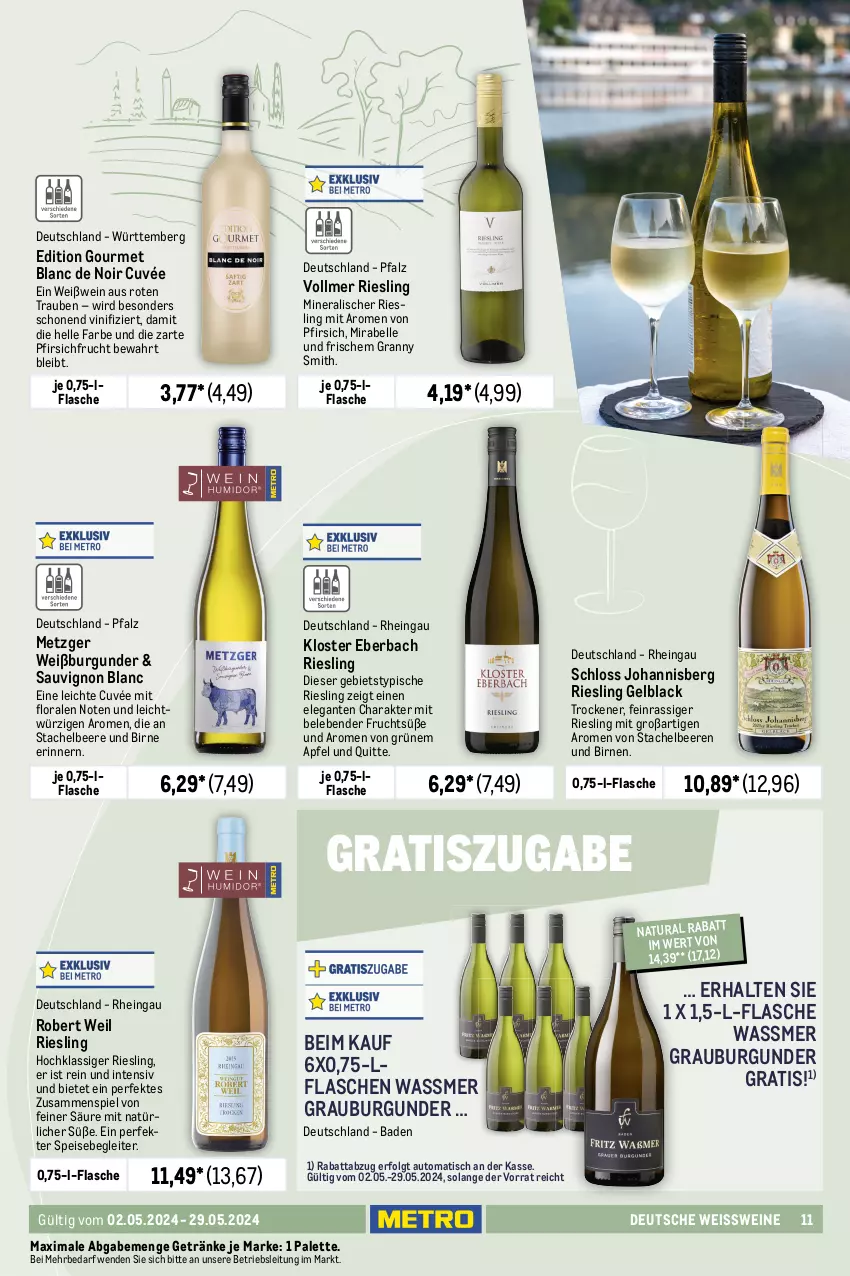 Aktueller Prospekt Metro - Zeit zum Anstoßen - von 02.05 bis 29.05.2024 - strona 11 - produkty: apfel, auer, auto, Bad, Bau, Bauer, beere, beeren, bio, Birnen, burgunder, cuvée, eis, elle, erde, flasche, frucht, früchte, garnelen, getränk, getränke, grauburgunder, grauer burgunder, grill, Kaiser, Kloster Eberbach, kraft, lack, LG, mac, merl, natur, natura, nuss, Oberbergener Baßgeige, Palette, pfirsich, reis, reiss, riesling, saro, sauvignon, sauvignon blanc, Stachelbeeren, stuhl, Ti, tisch, trauben, wein, weine, Weißburgunder, Weißwein