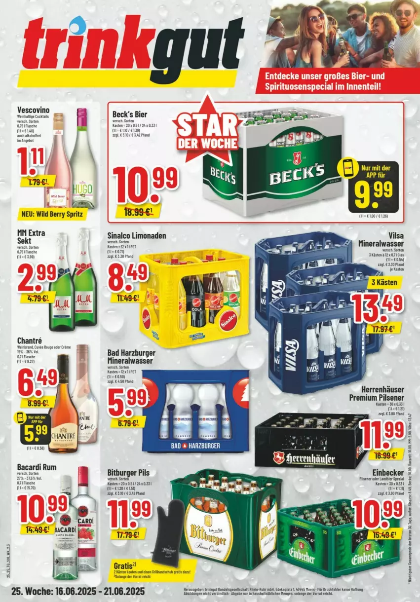 Aktueller Prospekt Trinkgut - Prospekte - von 15.06 bis 21.06.2025 - strona 1 - produkty: Alwa, bacardi, bacardi rum, Bad, becks, bier, bitburger, bitburger pils, burger, cocktail, cocktails, eis, hugo, limo, limonade, limonaden, mineralwasser, mm extra, pils, pilsener, premium pils, reis, rouge, rum, sinalco, Ti, vescovino, vilsa, wasser, wein, weinbrand, Wild, wild berry, ZTE
