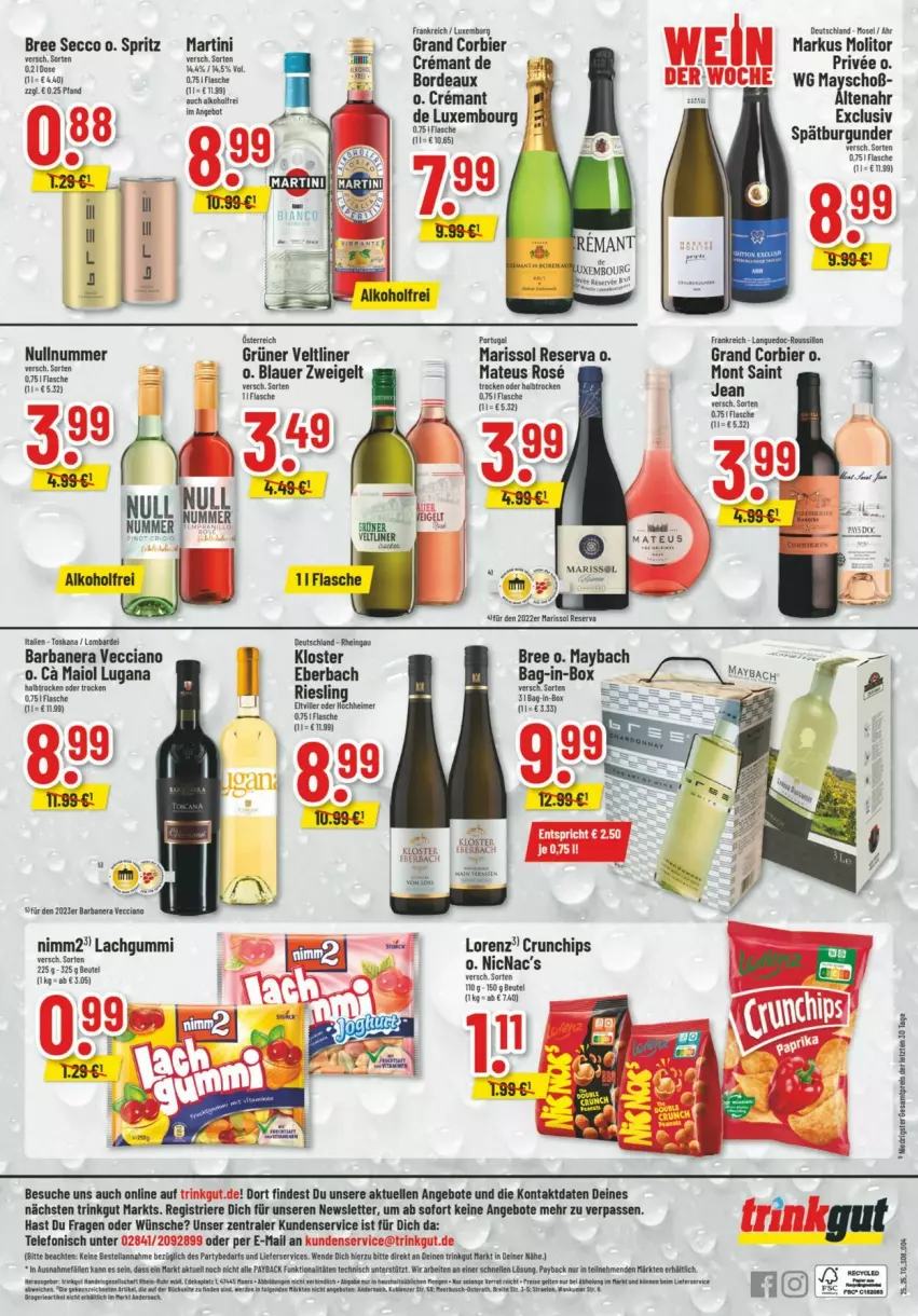 Aktueller Prospekt Trinkgut - Prospekte - von 15.06 bis 21.06.2025 - strona 10 - produkty: alkohol, angebot, angebote, auer, bag-in-box, beutel, bier, blauer zweigelt, bree, burgunder, chips, crunchips, ecco, eis, elle, fisch, fische, flasche, gin, grüner veltliner, lachgummi, lorenz, martini, mateus, maybach, nimm2, reis, spätburgunder, telefon, Ti, ZTE, Zweigelt