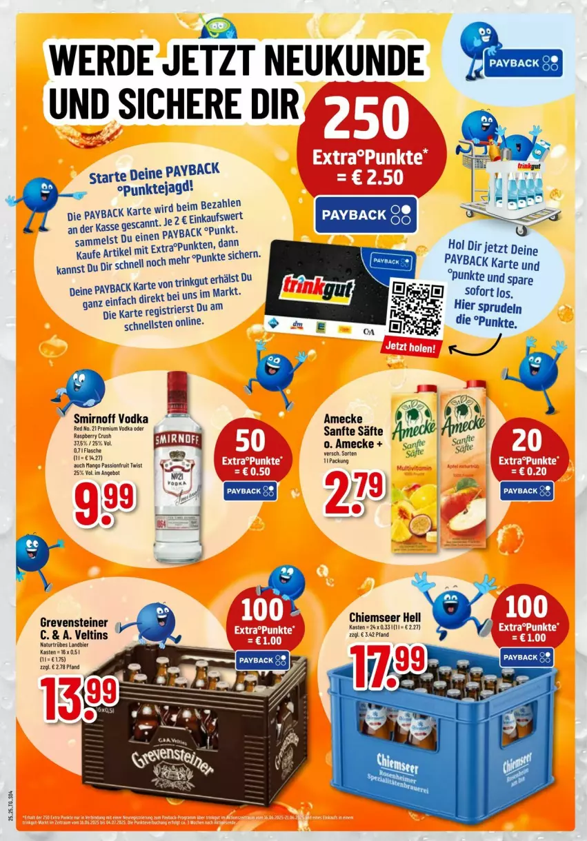 Aktueller Prospekt Trinkgut - Prospekte - von 15.06 bis 21.06.2025 - strona 4 - produkty: amecke, bier, erde, grevensteiner, mango, natur, payback, säfte, Sprudel, steiner, Ti, veltins, vodka