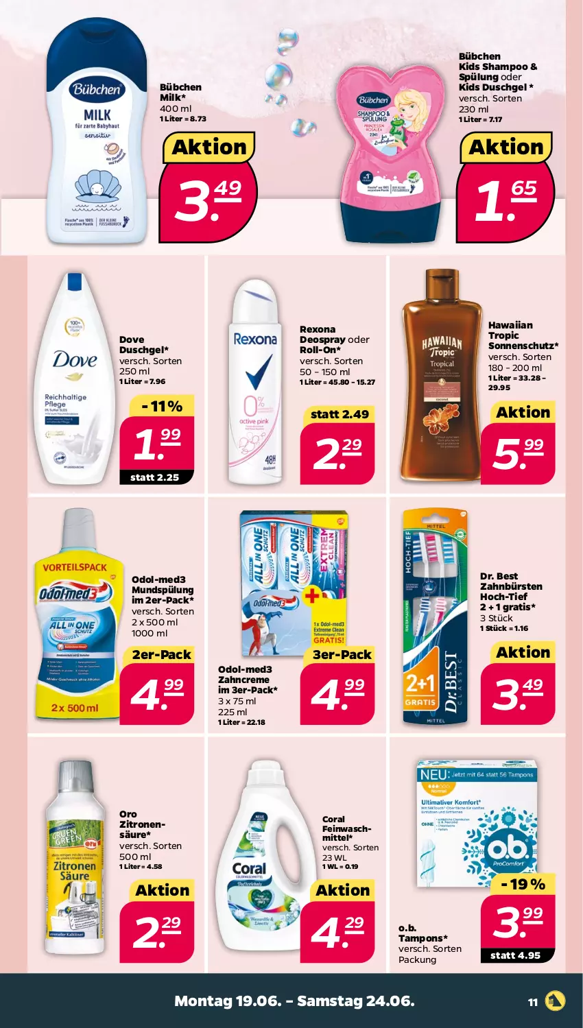 Aktueller Prospekt Netto - Woche 25 - von 19.06 bis 24.06.2023 - strona 11 - produkty: bübchen, bürste, bürsten, Coral, creme, deo, deospray, dove, Dr. Best, duschgel, feinwaschmittel, mundspülung, O.b., Odol, rexona, roll-on, shampoo, sonnenschutz, spülung, Tampon, tampons, Ti, waschmittel, zahnbürste, zahnbürsten, zahncreme, zitrone, zitronen