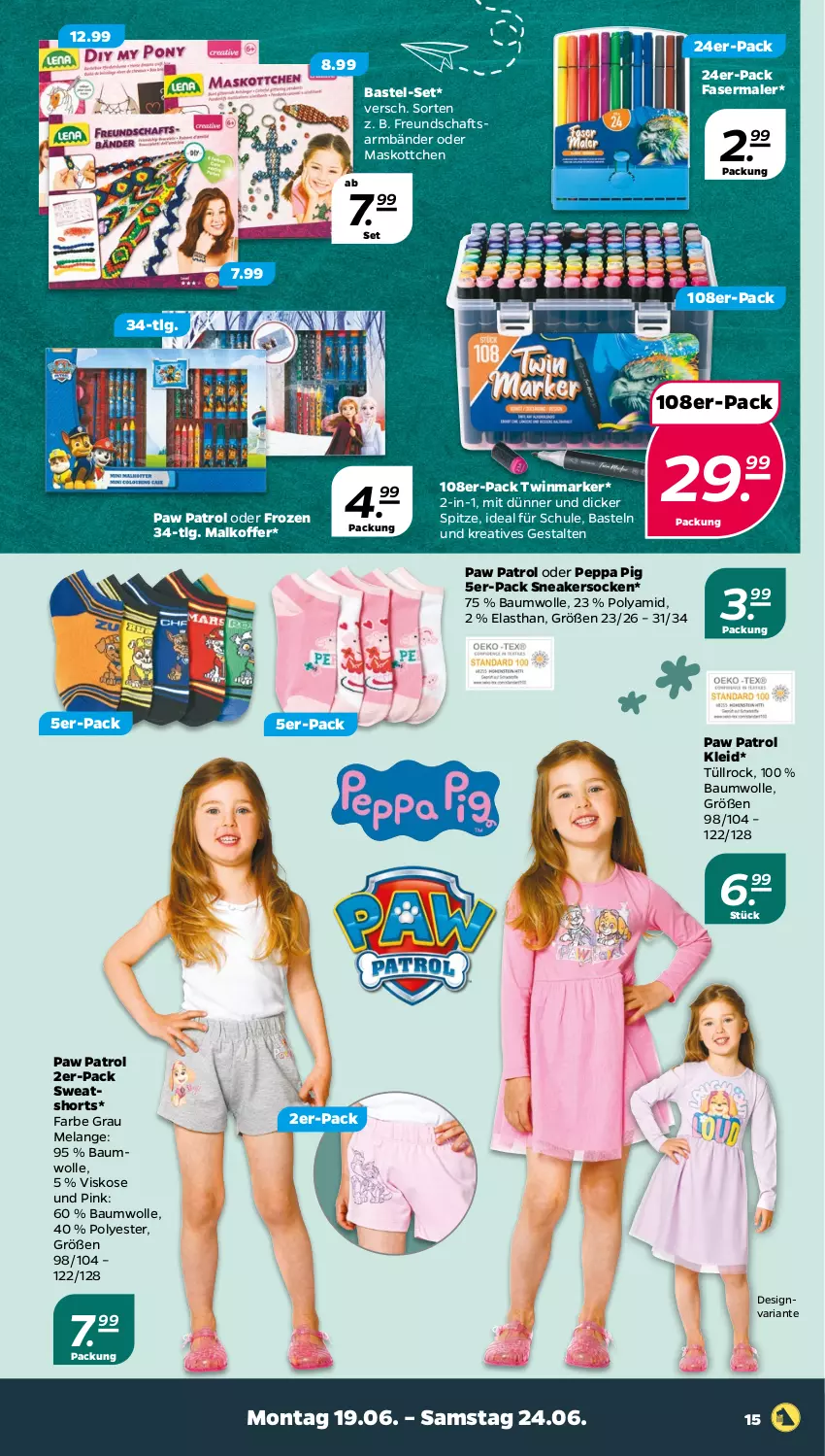 Aktueller Prospekt Netto - Woche 25 - von 19.06 bis 24.06.2023 - strona 15 - produkty: Bau, baumwolle, Elan, fasermaler, kleid, koffer, LG, Paw Patrol, Peppa Pig, Ria, shorts, sneaker, sneakersocken, socken, sweatshorts, Ti, wolle