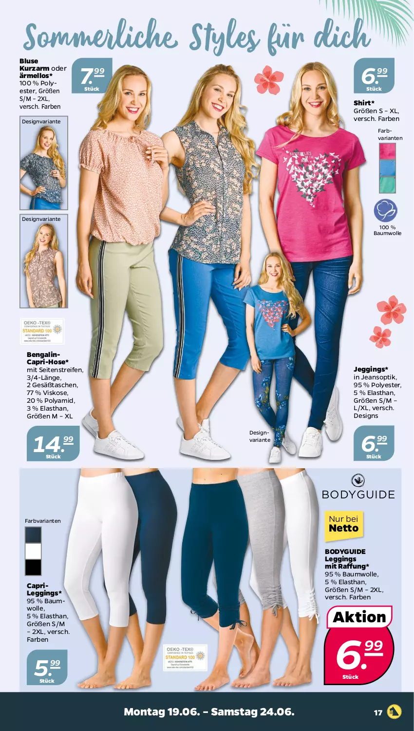 Aktueller Prospekt Netto - Woche 25 - von 19.06 bis 24.06.2023 - strona 17 - produkty: Bau, baumwolle, Bengalin, bluse, body, Cap, gin, hose, jeans, leggings, merl, pril, reifen, Ria, shirt, Tasche, taschen, Ti, wolle