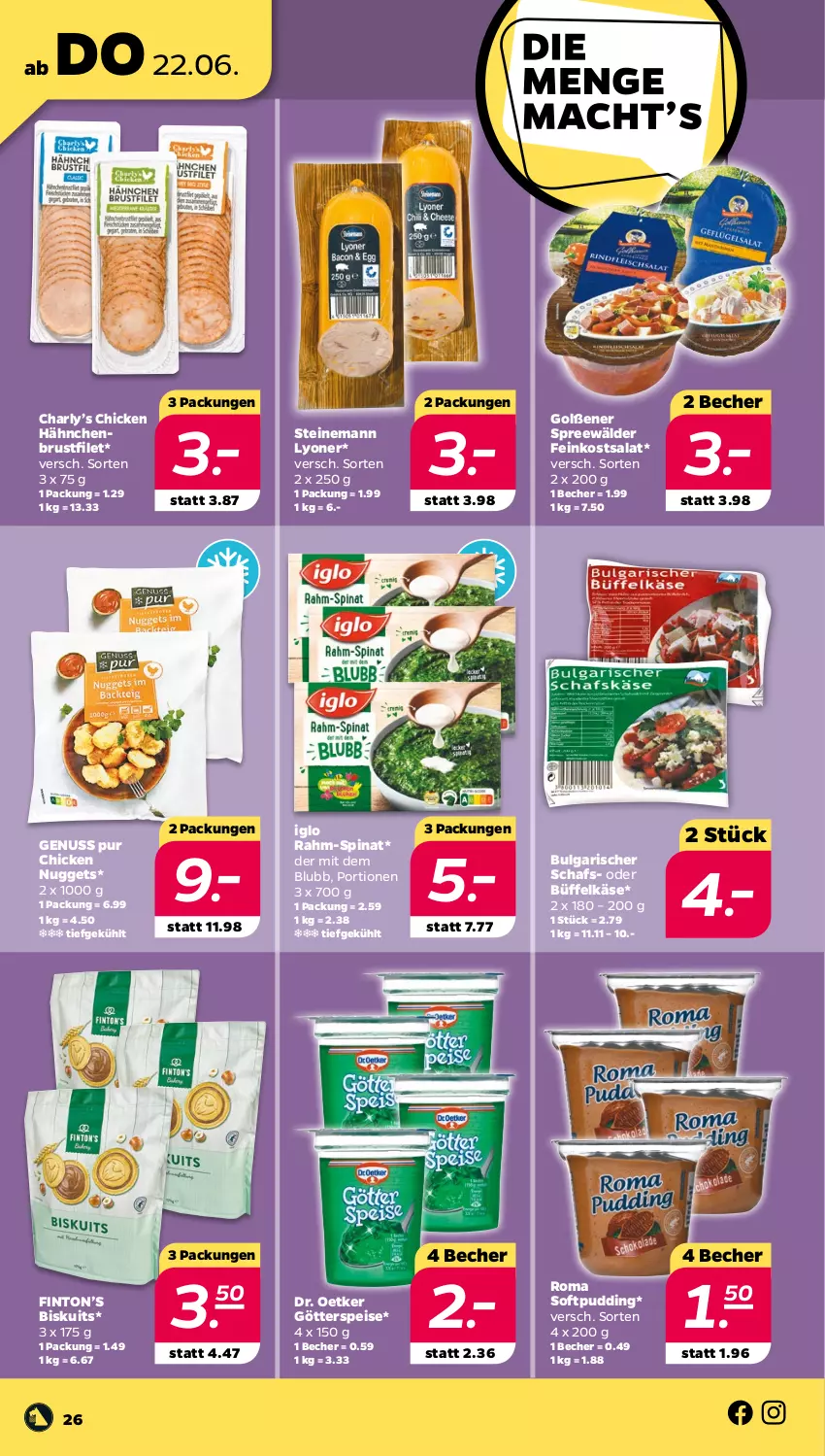 Aktueller Prospekt Netto - Woche 25 - von 19.06 bis 24.06.2023 - strona 26 - produkty: Becher, brustfilet, chicken nuggets, Dr. Oetker, eis, feinkost, filet, götterspeise, hähnchenbrust, hähnchenbrustfilet, iglo, Käse, LG, lyoner, nuggets, nuss, pudding, rahm-spinat, salat, spinat, spreewälder, Ti, Yo