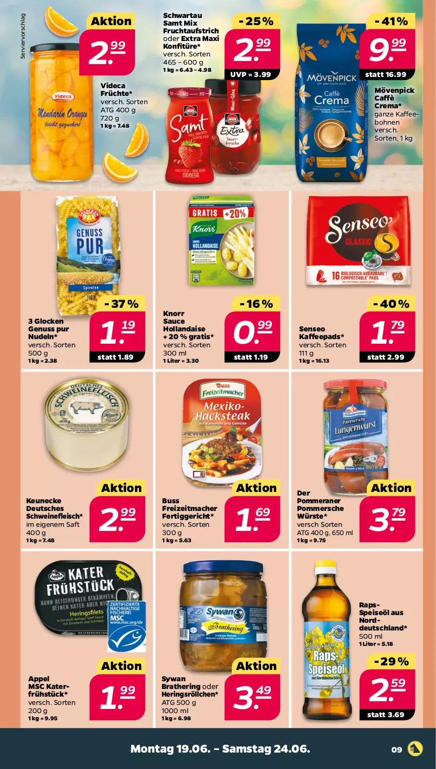 Aktueller Prospekt Netto - Woche 25 - von 19.06 bis 24.06.2023 - strona 9 - produkty: aufstrich, bohne, bohnen, caffè crema, eis, fertiggericht, fleisch, frucht, fruchtaufstrich, früchte, hering, Herings, hollandaise, kaffee, kaffeebohnen, kaffeepads, knorr, konfitüre, mac, mövenpick, nudel, nudeln, nuss, Pommersche, ring, saft, sauce, sauce hollandaise, Schwartau, schwein, schweine, schweinefleisch, senseo, Ti, wein, weine