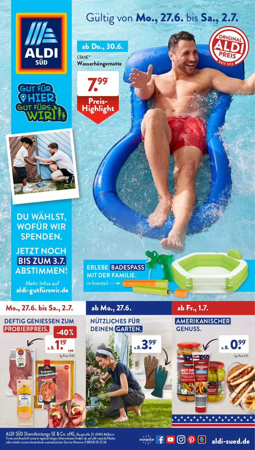 Aktueller Prospekt AldiSud - NÄCHSTE WOCHE - von 27.06 bis 06.07.2022 - strona 1 - produkty: aldi, auto, Bad, bier, eis, ente, Garten, hängematte, nuss, reis, Ti, wasser, Wasserhängematte