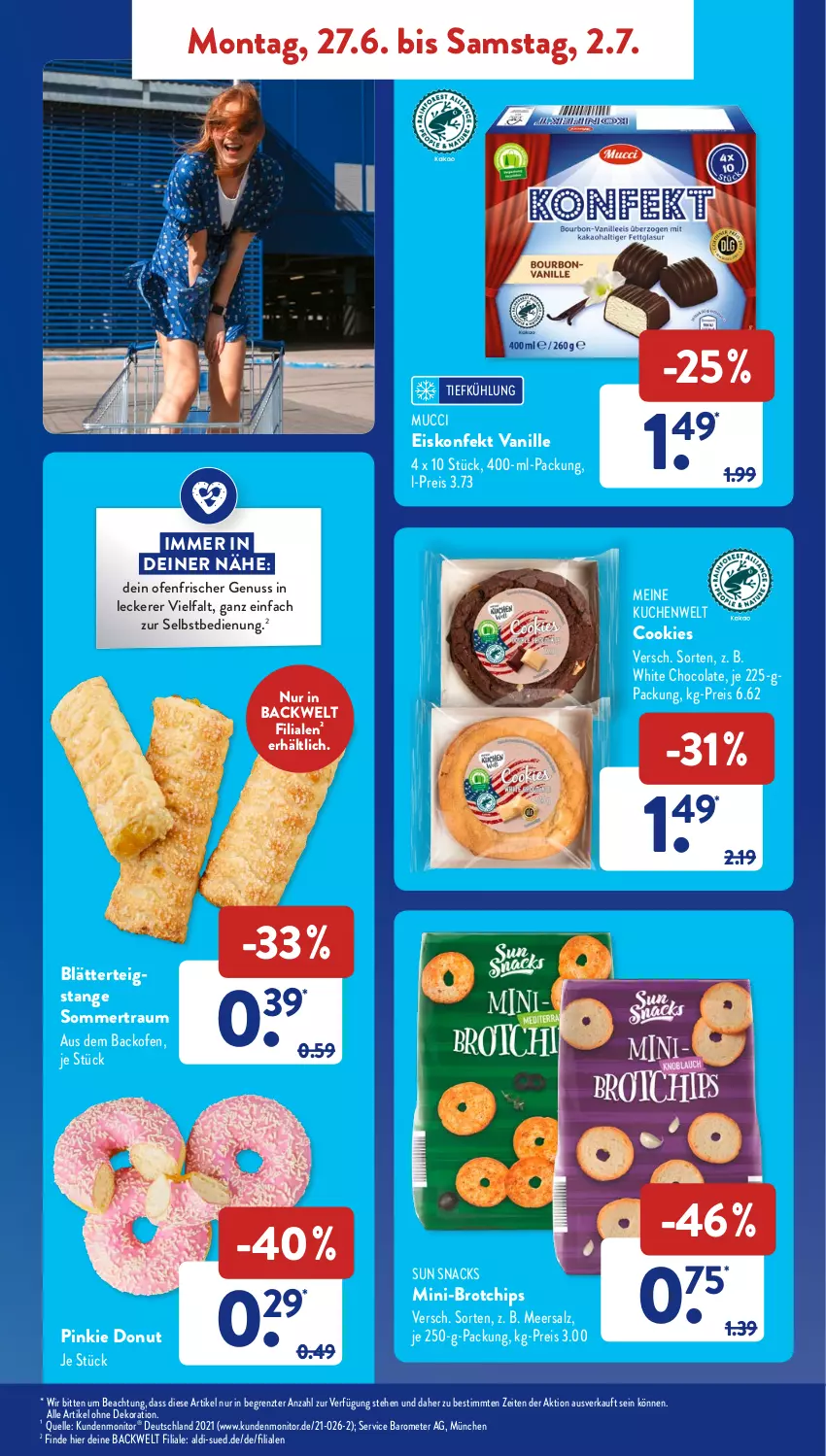 Aktueller Prospekt AldiSud - NÄCHSTE WOCHE - von 27.06 bis 06.07.2022 - strona 11 - produkty: aldi, alle artikel ohne dekoration, backofen, blätterteig, brot, chips, cola, cookie, cookies, dekoration, Donut, eis, eiskonfekt, elle, je 250-g-packung, kuchen, meersalz, monitor, nuss, Ofen, reis, salz, snack, snacks, Sun Snacks, Ti, vanille, white chocolate, ZTE