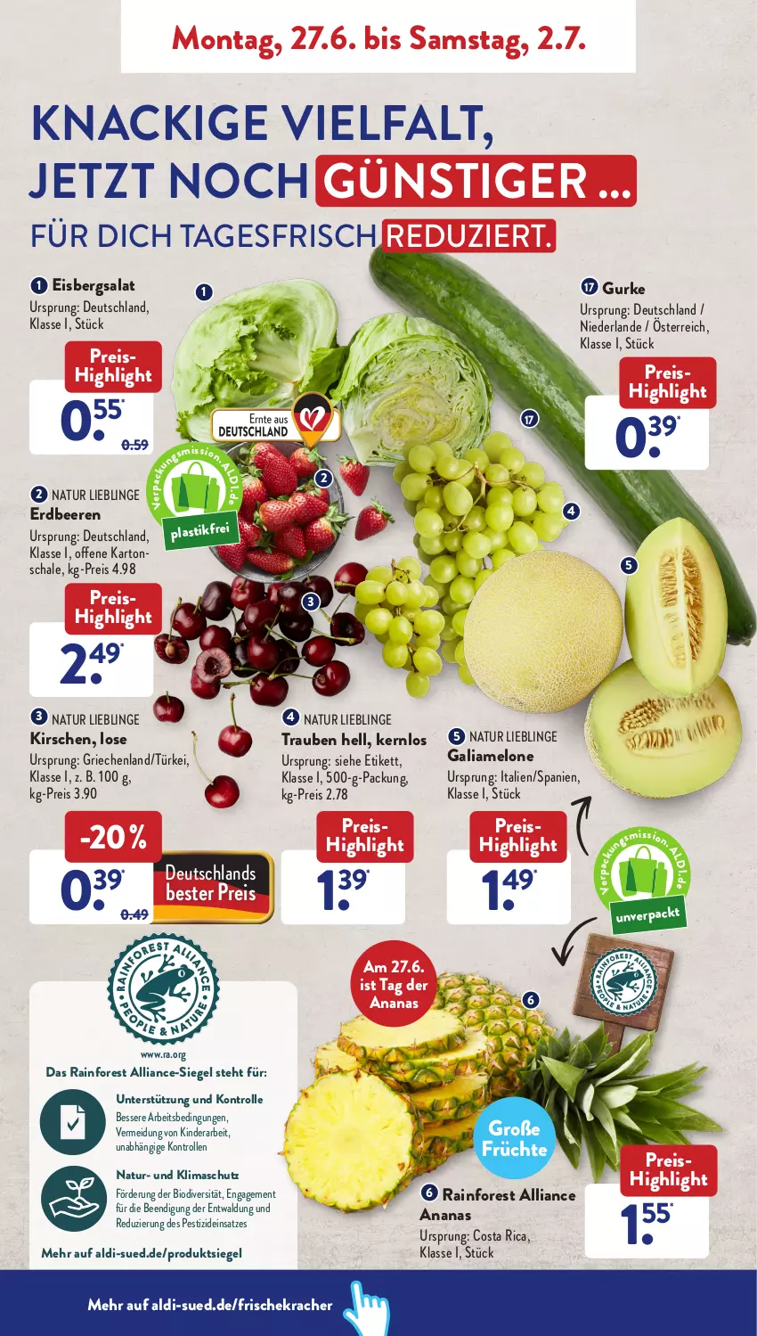 Aktueller Prospekt AldiSud - NÄCHSTE WOCHE - von 27.06 bis 06.07.2022 - strona 2 - produkty: aldi, ananas, asti, beere, beeren, bio, eis, eisbergsalat, erdbeere, erdbeeren, früchte, galiamelone, gurke, Kinder, kirsch, kirsche, kirschen, kracher, melone, natur, reis, salat, Schal, Schale, Ti, trauben