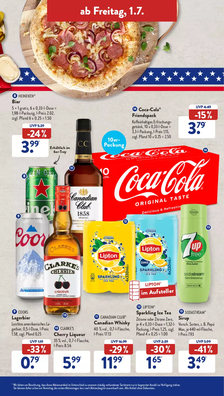 Aktueller Prospekt AldiSud - NÄCHSTE WOCHE - von 27.06 bis 06.07.2022 - strona 33 - produkty: alle artikel ohne dekoration, bier, Canadian Whisky, coca-cola, cola, dekoration, eis, elle, flasche, getränk, gin, heineken, ice tea, Lagerbier, lipton, liqueur, pepsi, reis, sirup, Soda, sodastream, teller, Ti, whisky, zitrone, ZTE