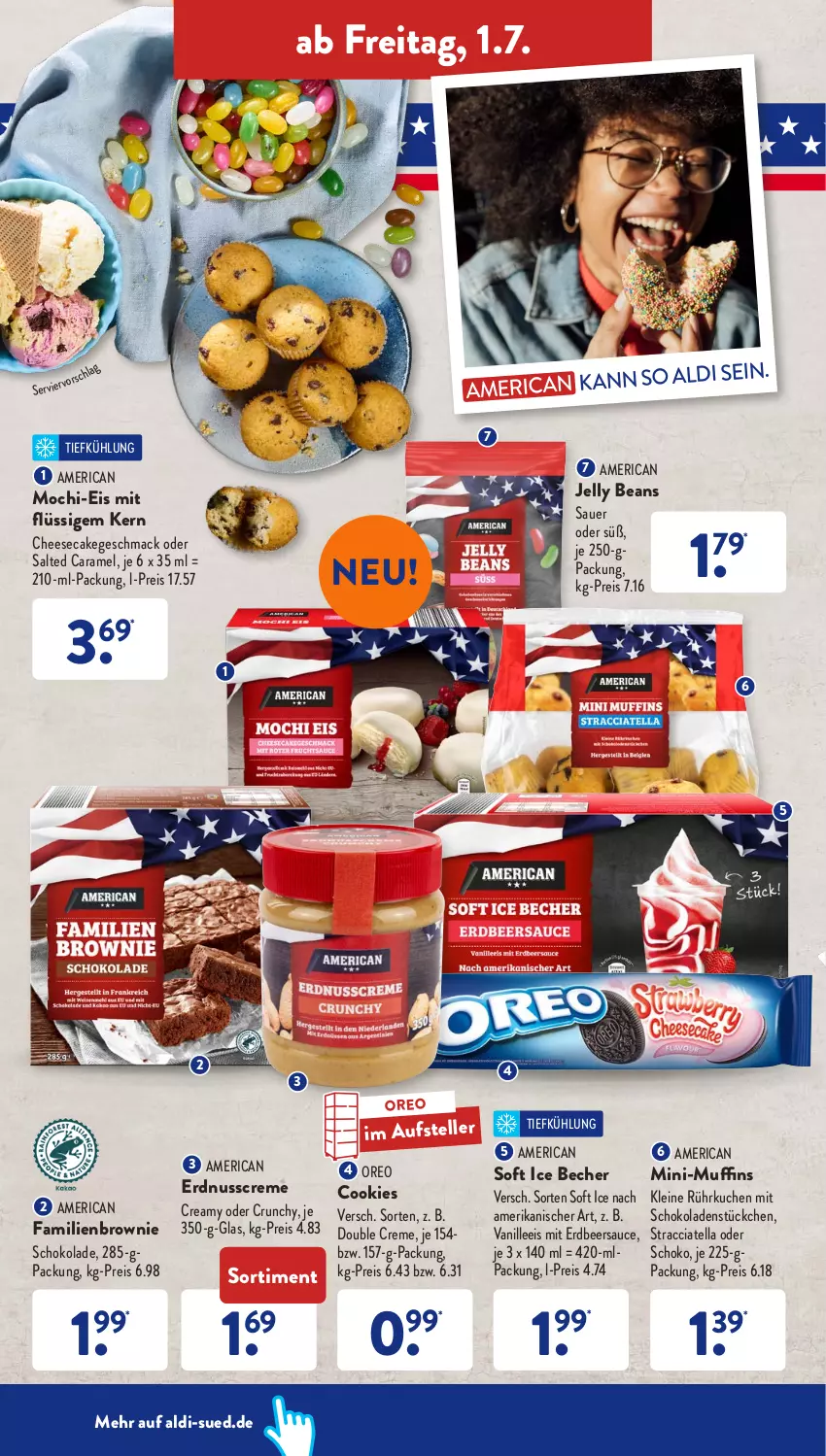 Aktueller Prospekt AldiSud - NÄCHSTE WOCHE - von 27.06 bis 06.07.2022 - strona 34 - produkty: ACC, aldi, auer, Becher, brownie, caramel, cheesecake, cookie, cookies, creme, eis, elle, erdnuss, kuchen, leine, mac, Mochi, Muffin, muffins, nuss, oreo, reis, sauce, schoko, schokolade, schokoladen, teller, Ti, vanille