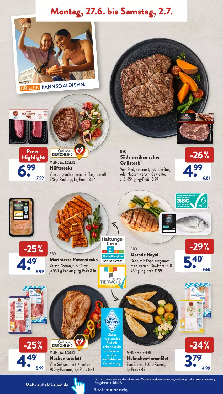 Aktueller Prospekt AldiSud - NÄCHSTE WOCHE - von 27.06 bis 06.07.2022 - strona 4 - produkty: aldi, aqua, braten, curry, Dorade, dorade royal, eis, filet, fisch, fleisch, grill, hüftsteak, hüftsteaks, jungbullen, kotelett, pute, putensteaks, reis, rind, schwein, steak, steaks, Ti, wein