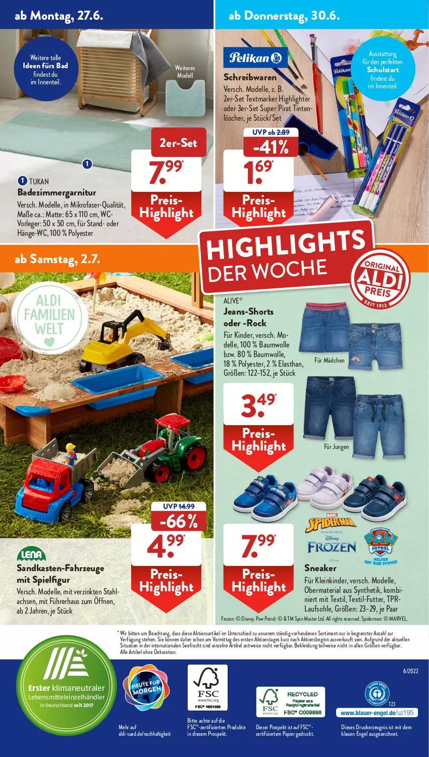 Aktueller Prospekt AldiSud - NÄCHSTE WOCHE - von 27.06 bis 06.07.2022 - strona 41 - produkty: aldi, alle artikel ohne dekoration, Bad, Bau, baumwolle, dekoration, dell, disney, drucker, eis, elle, Engel, ente, garnitur, gin, jeans, kerze, Kinder, kleid, Kleidung, lachs, lebensmittel, mikrofaser, Mode, ndk, papier, Paw Patrol, reis, Ria, Sandkasten, schreibwaren, shorts, sneaker, textmarker, Ti, Tintenlöscher, wolle, ZTE