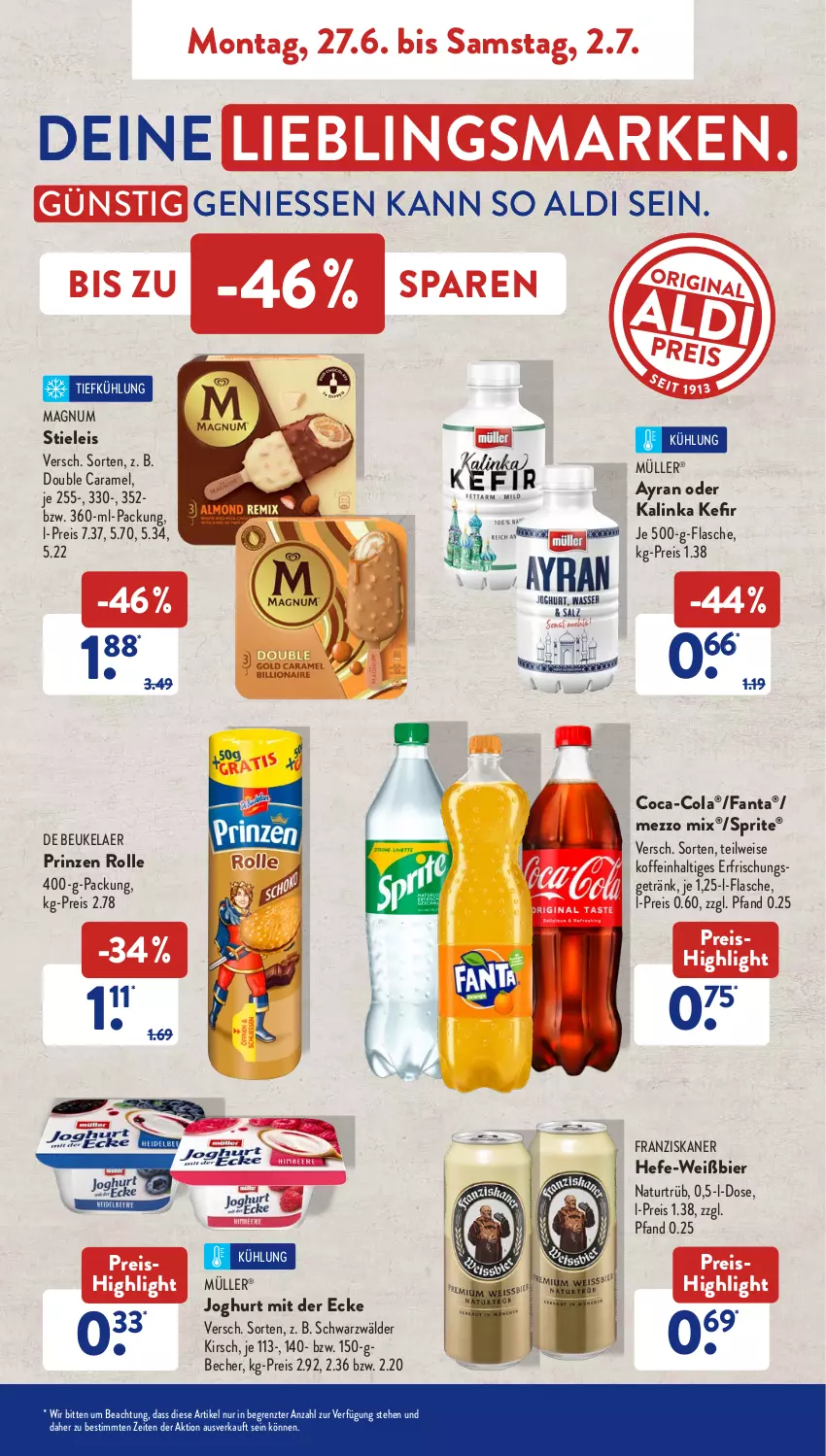 Aktueller Prospekt AldiSud - NÄCHSTE WOCHE - von 27.06 bis 06.07.2022 - strona 5 - produkty: aldi, Ayran, Becher, bier, caramel, coca-cola, cola, de beukelaer, eis, erfrischungsgetränk, fanta, flasche, franziskaner, getränk, Hefe, joghur, joghurt, joghurt mit der ecke, Kefir, kirsch, magnum, Mezzo Mix, Müller, natur, prinzen rolle, reis, sprite, stieleis, Ti, ZTE