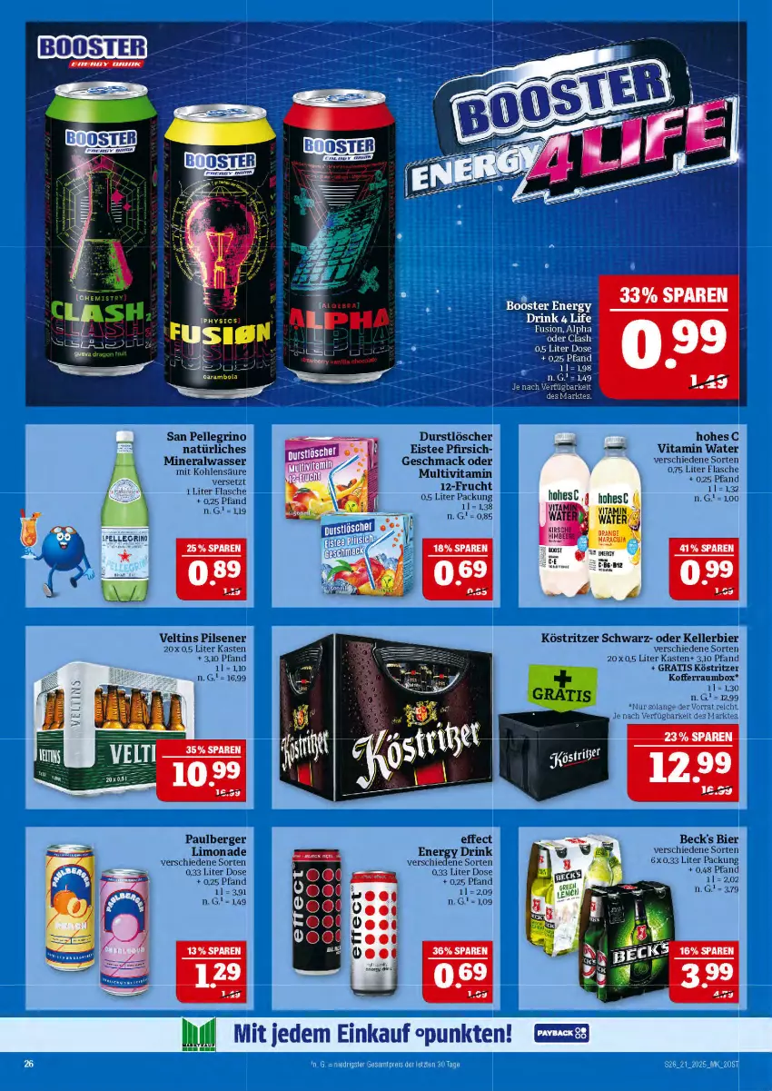 Aktueller Prospekt Marktkauf - Prospekt - von 18.05 bis 24.05.2025 - strona 26 - produkty: Alwa, beck's, Berger, bier, drink, durstlöscher, Effect, eis, eistee, elle, energy drink, flasche, frucht, kellerbier, koffer, köstritzer, limo, limonade, mac, mineralwasser, pfirsich, pils, pilsener, san pellegrino, tee, Ti, veltins, veltins pilsener, vita, wasser
