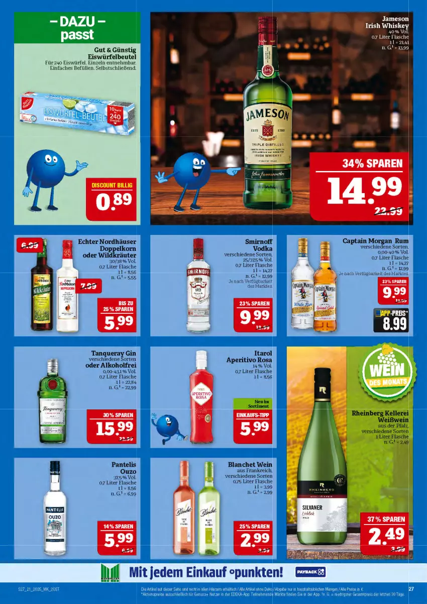 Aktueller Prospekt Marktkauf - Prospekt - von 18.05 bis 24.05.2025 - strona 27 - produkty: alkohol, beutel, Cap, captain morgan, doppelkorn, eis, eiswürfel, flasche, gin, irish whiskey, jameson, korn, kräuter, ouzo, rum, silvaner, smirnoff, Tanqueray, Ti, vodka, wein, whiskey, Wild, würfel