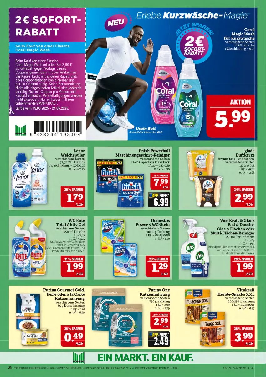 Aktueller Prospekt Marktkauf - Prospekt - von 18.05 bis 24.05.2025 - strona 28 - produkty: aktionspreis, aktiv gel, Bad, ball, bio, biozidprodukte, Cap, Coral, coupon, coupons, deka, domestos, dusche, eis, elle, ente, erde, Finish, flasche, geschirr, gin, Glade, gourmet gold, katzennahrung, kerze, kraft, lenor, lenor weichspüler, nuss, powerball, purina, Rauch, reiniger, reis, rwe, snack, snacks, sofortrabatt, Ti, vita, vitakraft, wc ente, wc-reiniger, weichspüler, ZTE