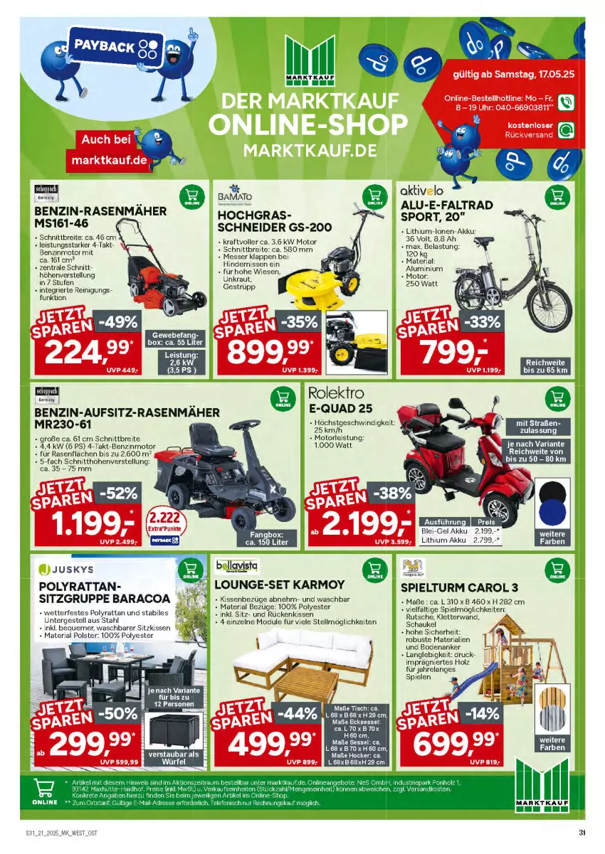 Aktueller Prospekt Marktkauf - Prospekt - von 18.05 bis 24.05.2025 - strona 31 - produkty: akku, Brei, eis, Elan, hocker, Holz, kissen, kraft, Lithium-Lonen-Akku, lounge-set, messer, quad, rasen, rasenmäher, Reinigung, rel, Ria, Rückenkissen, Schaukel, senf, sessel, sitzkissen, Spiele, Sport, Ti, tisch, uhr