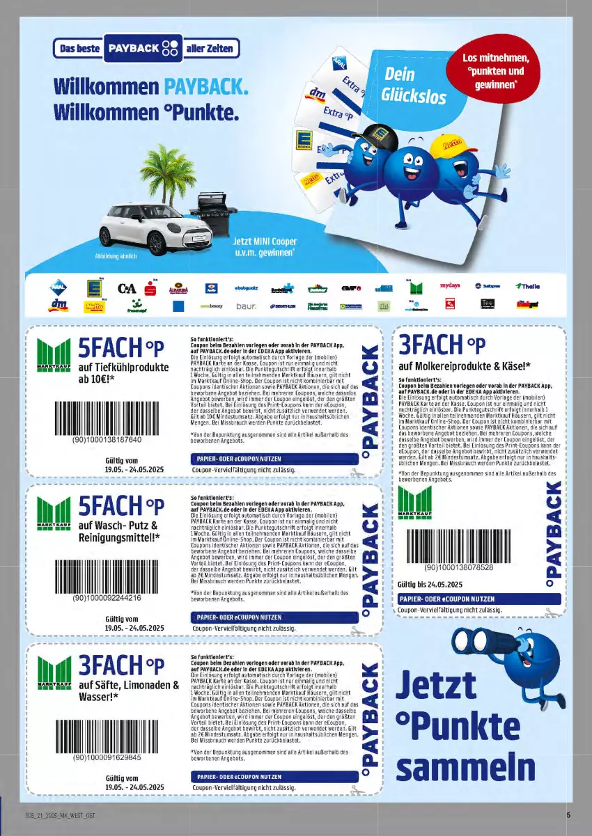 Aktueller Prospekt Marktkauf - Prospekt - von 18.05 bis 24.05.2025 - strona 5 - produkty: angebot, auto, Bau, coupon, coupons, deka, erde, Käse, LG, limo, limonade, limonaden, molkereiprodukte, papier, payback, Rauch, Reinigung, Reinigungsmittel, rwe, säfte, Ti, tisch, wasser, Yo