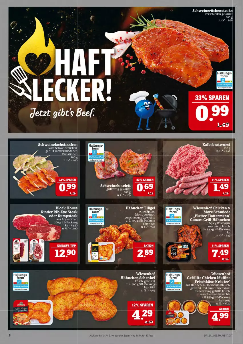 Aktueller Prospekt Marktkauf - Prospekt - von 18.05 bis 24.05.2025 - strona 8 - produkty: beef, bratwurst, eis, fleisch, gewürz, grill, Hähnchen-Oberkeulen, henkel, Kalbsbratwurst, kotelett, lachs, LG, Muffin, muffins, oder rumpsteak, reis, Ria, Rib-eye Steak, rind, rinder, Rückensteak, rückensteaks, rum, rumpsteak, schenkel, schwein, schweine, schweinekotelett, Schweinelachs, schweinerücken, steak, steaks, Tasche, taschen, tee, Ti, wein, weine, wiesenhof, wurst, ZTE