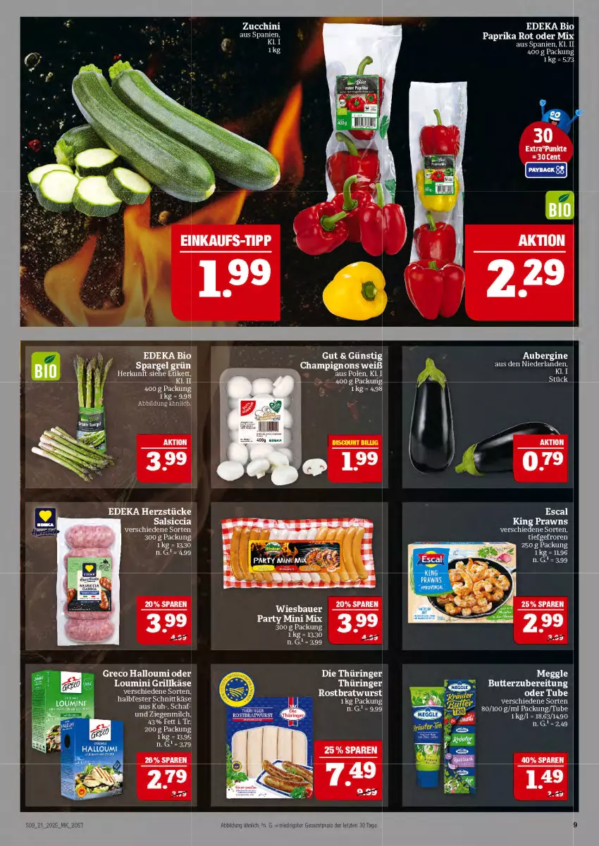 Aktueller Prospekt Marktkauf - Prospekt - von 18.05 bis 24.05.2025 - strona 9 - produkty: aubergine, auer, Bau, Bauer, bio, bratwurst, butter, deka, edeka bio, eis, elle, escal, gin, halbfester schnittkäse, Halloumi, Käse, milch, reis, rel, ring, rostbratwurst, salsiccia, schnittkäse, spargel, spargel grün, tee, thüringer rostbratwurst, Ti, wiesbauer, wurst, ZTE, zucchini