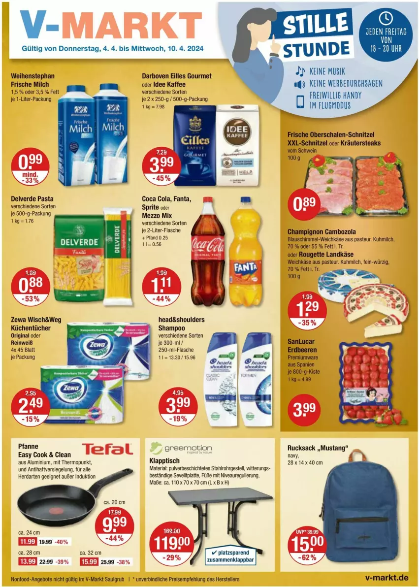 Aktueller Prospekt Vmarkt - Prospekte - von 04.04 bis 10.04.2024 - strona 1 - produkty: angebot, angebote, beere, beeren, cambozola, champignon, cola, darbo, darboven, eilles gourmet, eis, elle, erdbeere, erdbeeren, erde, fanta, flasche, frische milch, gin, greemotion, Handy, herdarten, K2, kaffee, Käse, klapptisch, kräuter, küche, Küchen, küchentücher, landkäse, latte, LG, Mezzo Mix, milch, ndk, nivea, oder kräuter, pasta, pfanne, reis, Ria, rouge, rougette, rucksack, sac, Schal, Schale, schnitzel, schwein, shampoo, sprite, steak, steaks, teller, Ti, tisch, tücher, weichkäse, weihenstephan, wein, zewa