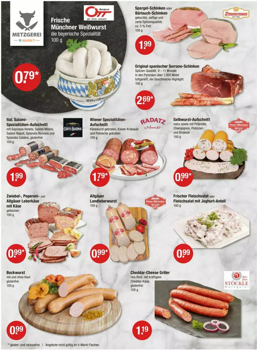 Aktueller Prospekt Vmarkt - Prospekte - von 04.04 bis 10.04.2024 - strona 2 - produkty: angebot, angebote, auer, aufschnitt, bockwurst, braten, brokkoli, champignon, cheddar, eis, fisch, fische, fleisch, fleischsalat, geback, gin, grill, joghur, joghurt, Kaiser, Käse, Käsewurst, krakauer, landleberwurst, leberkäs, leberkäse, leberwurst, LG, mac, natur, peperoni, Peroni, petersilie, pistazien, rind, saft, salami, salat, schinken, serrano, spargel, Spezi, spitzenqualität, Ti, wiener, wurst, zwiebel