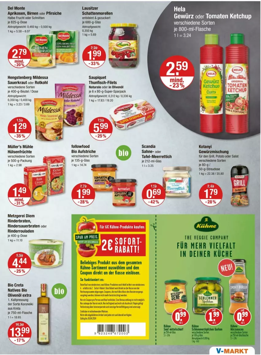 Aktueller Prospekt Vmarkt - Prospekte - von 04.04 bis 10.04.2024 - strona 7 - produkty: aprikose, aprikosen, auer, aufstrich, beutel, bio, Birnen, braten, Brei, coupon, elle, erde, filet, filets, fisch, flasche, frucht, früchte, gewürz, gin, grill, Hela, hengstenberg, hülsenfrüchte, in olivenöl, ketchup, Kraut, küche, Kühne, meerrettich, monte, morellen, Müller, natur, natura, oder pfirsiche, olive, oliven, olivenöl, olivenöl extra, pfirsich, pfirsiche, rel, Rettich, rind, rinder, rinderbraten, Rinderroulade, rinderrouladen, rotkohl, rouladen, sahne, salat, Sauerkraut, saupiquet, schattenmorellen, schnitten, senf, thunfisch, Ti, tomate, tomaten, tomaten ketchup, zucker