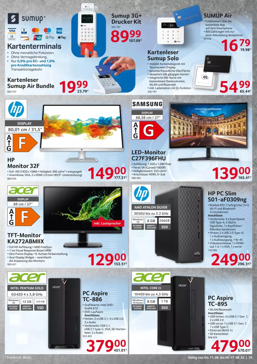 Aktueller Prospekt Selgros - Nonfood - von 11.08 bis 17.08.2022 - strona 19 - produkty: acer, akku, deo, drucker, dvd, ente, HDMI, HP, Intel, kopfhörer, monitor, Pentium, Ria, Samsung, Signal, sim, smartphone, spee, spiegel, Ti, Tiere, touchscreen, uhd, usb