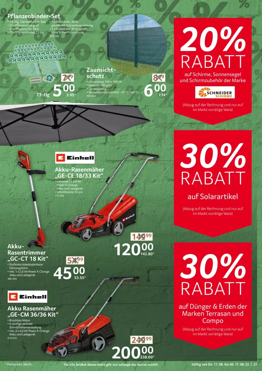 Aktueller Prospekt Selgros - Nonfood - von 11.08 bis 17.08.2022 - strona 27 - produkty: akku, akku-rasenmäher, Brei, Draht, dünger, erde, Garten, ladegerät, LG, pflanze, pflanzen, rasen, rasenmäher, rasentrimmer, schirme, sonnensegel, Teleskop, Ti