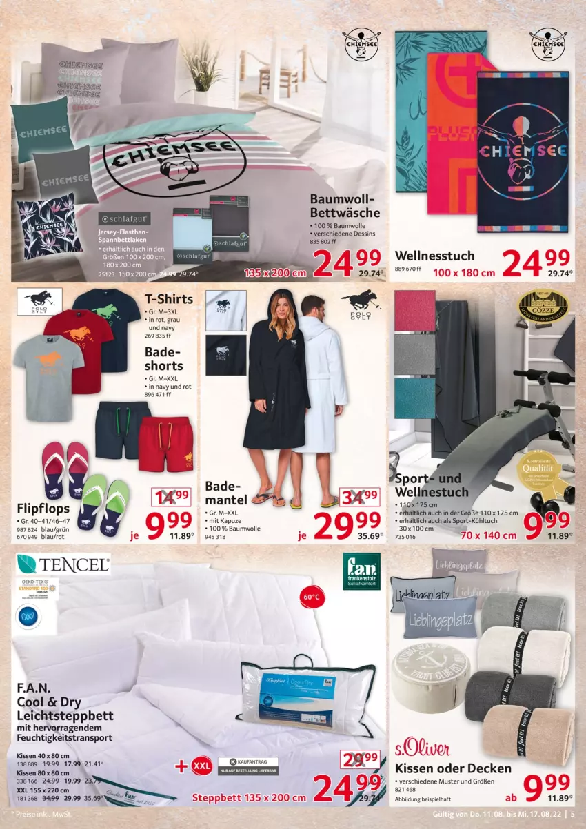 Aktueller Prospekt Selgros - Nonfood - von 11.08 bis 17.08.2022 - strona 5 - produkty: Bad, Bau, baumwolle, bett, bettwäsche, decke, eis, kissen, Mantel, shirt, shirts, shorts, Sport, steppbett, T-Shirt, Ti, tuc, Wellnesstuch, wolle